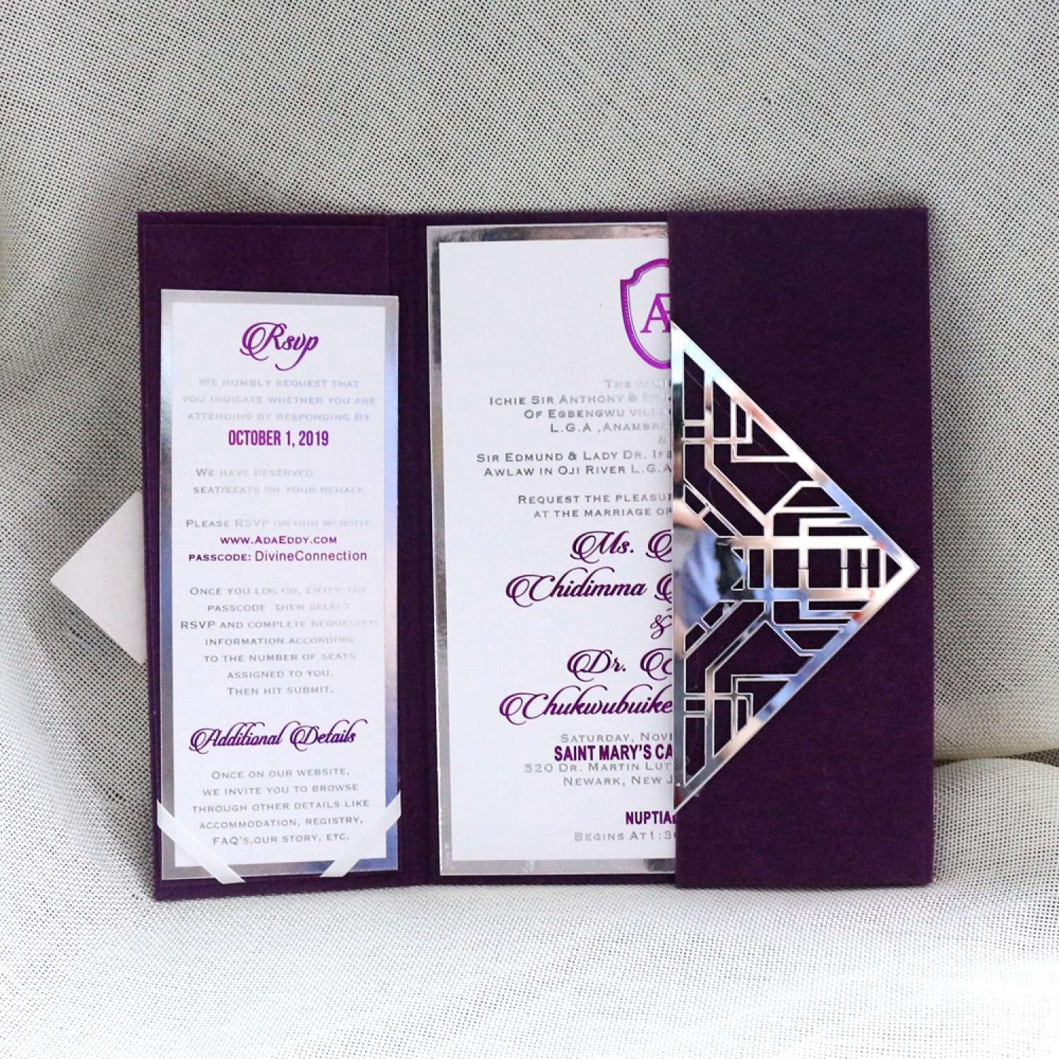 Purple Velvet Holder Invitation Card Wedding Invitation Card Personalized Custom